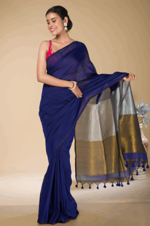 Blue Cotton Saree With Blouse