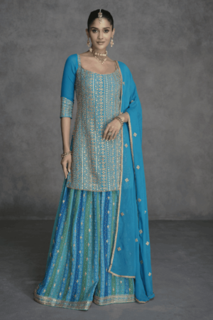 Aqua Blue Embroidered Sharara Suit_Satika