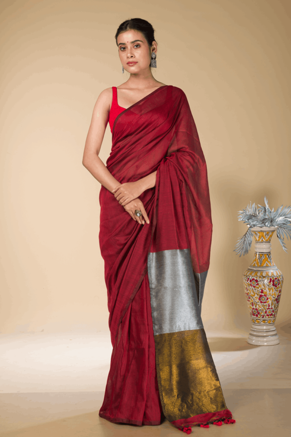 Red Cotton Saree With Blouse