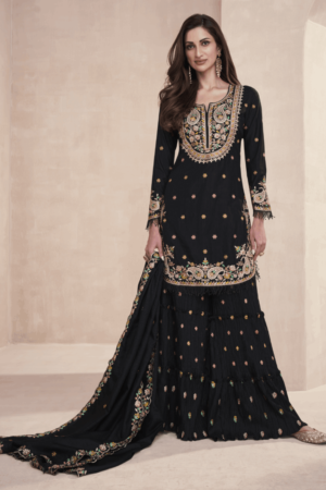 Black Embroidered Palazzo Suit_Satika