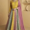 Embroidered Georgette Abaya Style Suit in Mustard and Multicolor_Satika