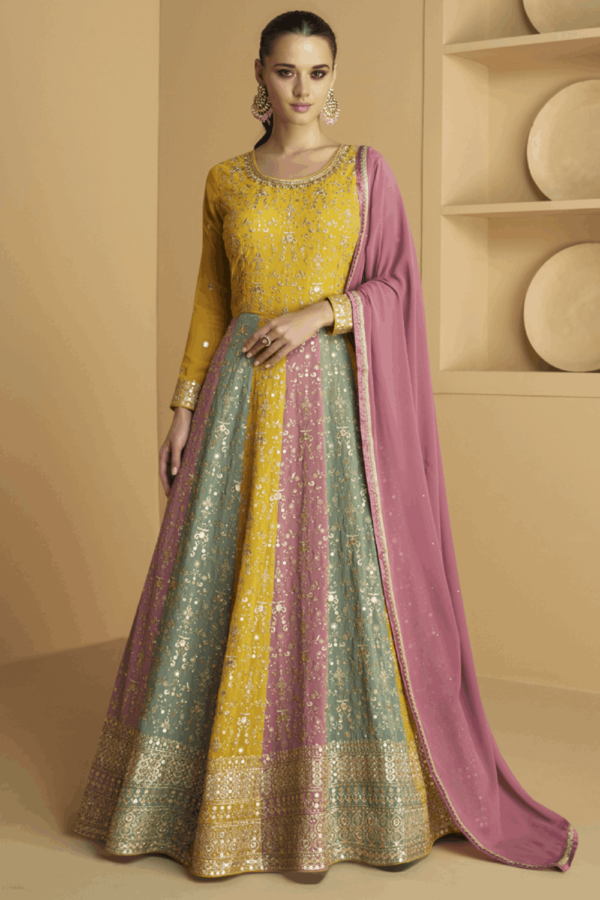 Embroidered Georgette Abaya Style Suit in Mustard and Multicolor_Satika