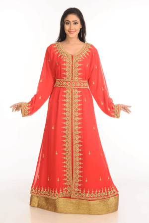 Peach Georgette Hand Embroidery Party Wear Kaftan