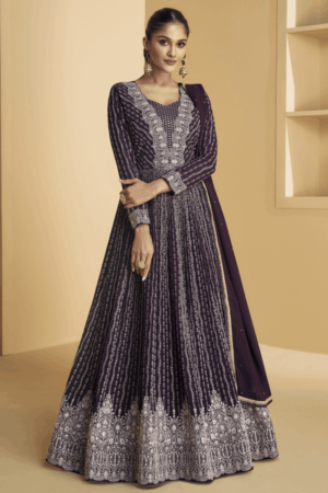 Embroidered Georgette Abaya Style Suit in Mustard and Wine_Satika