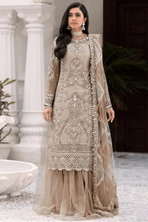 Cream Net With Sequence Embroidery Work With Diamond Work Suit_Satika