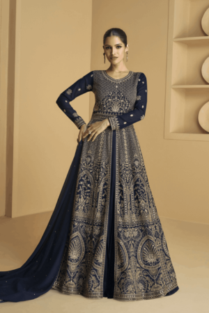 Embroidered Georgette Abaya Style Suit in Mustard and Navy Blue_Satika