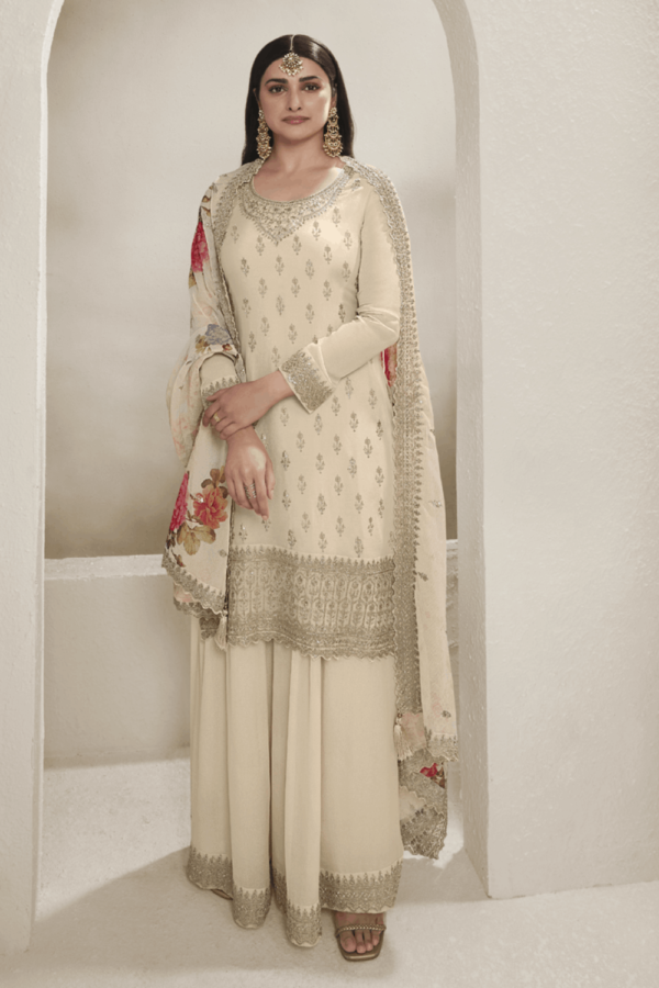 Cream Embroidery Chinnon Party Wear Salwar Suit_Satika