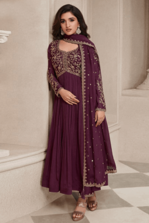 Wine Embroidery Chinnon Party Wear Salwar Suit_satika