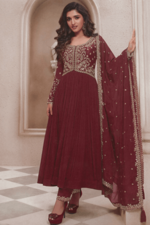 Maroon Embroidery Chinnon Party Wear Salwar Suit_satika