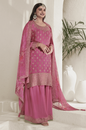 Pink Embroidery Chinnon Party Wear Salwar Suit_Satika