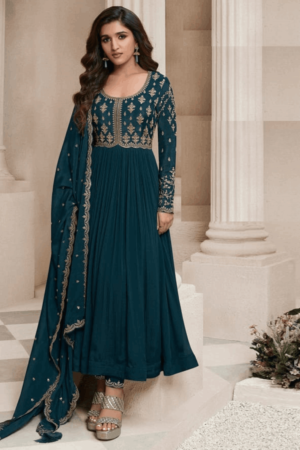 Teal Embroidery Chinnon Party Wear Salwar Suit_satika