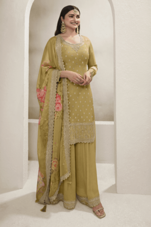 Mustard Embroidery Chinnon Party Wear Salwar Suit_Satika