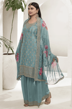 Turquoise Embroidery Chinnon Party Wear Salwar Suit_Satika