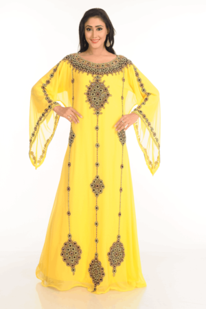 Yellow Georgette Hand Embroidery Party Wear Kaftan