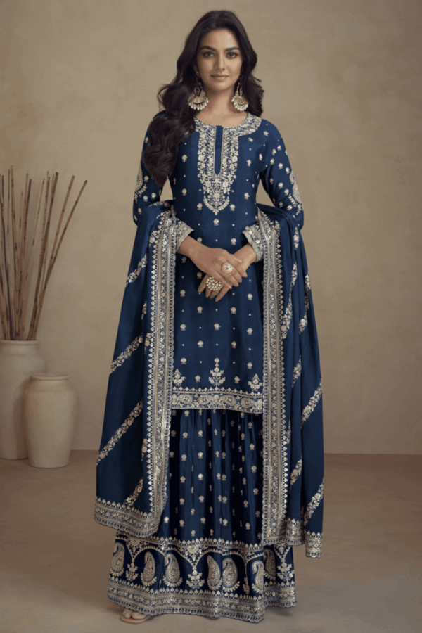 Royal Blue Real Chinon Palazzo Suit with Embroidery_Satika