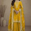 Yellow Real Chinon Palazzo Suit with Embroidery_Satika
