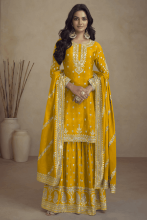 Yellow Real Chinon Palazzo Suit with Embroidery_Satika