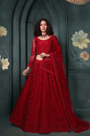 Red Net Embroidered Designer Lehenga Choli With Stone Work