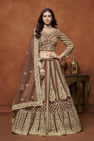 majestic brown net designer lehenga choli_Satika India