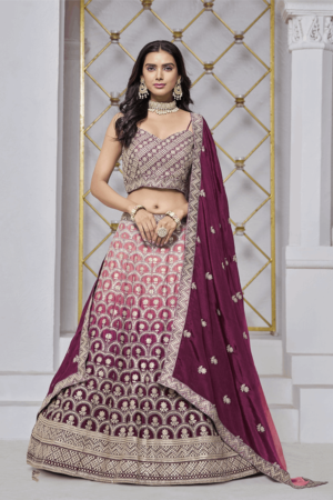 Burgundy Chinon Embroidered Lehenga Choli With Sequins Work