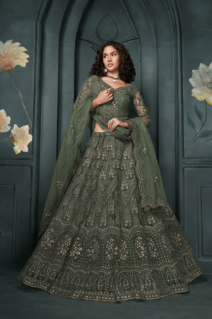 Dark Green Net Embroidered Designer Lehenga Choli With Stone Work