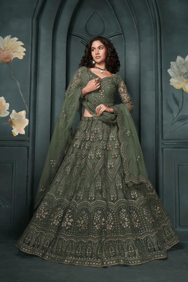 Dark Green Net Embroidered Designer Lehenga Choli With Stone Work