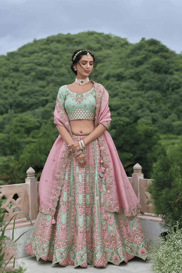 Excellent Designs Light Turquoise And Pink Silk Trendy Lehenga Choli
