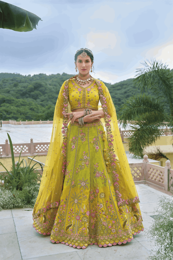 Green And Yellow Silk Trendy Lehenga Choli