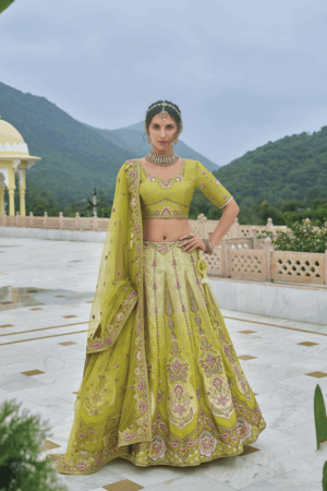 Pear Silk Embroidered Lehenga Choli With Stone & Thread Work