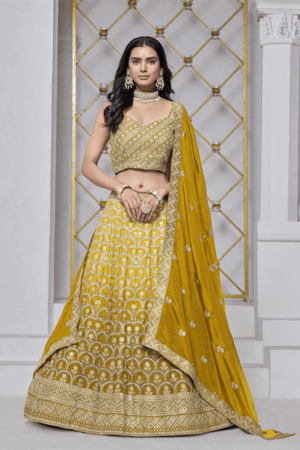 Mustard Chinon Embroidered Lehenga Choli With Sequins Work