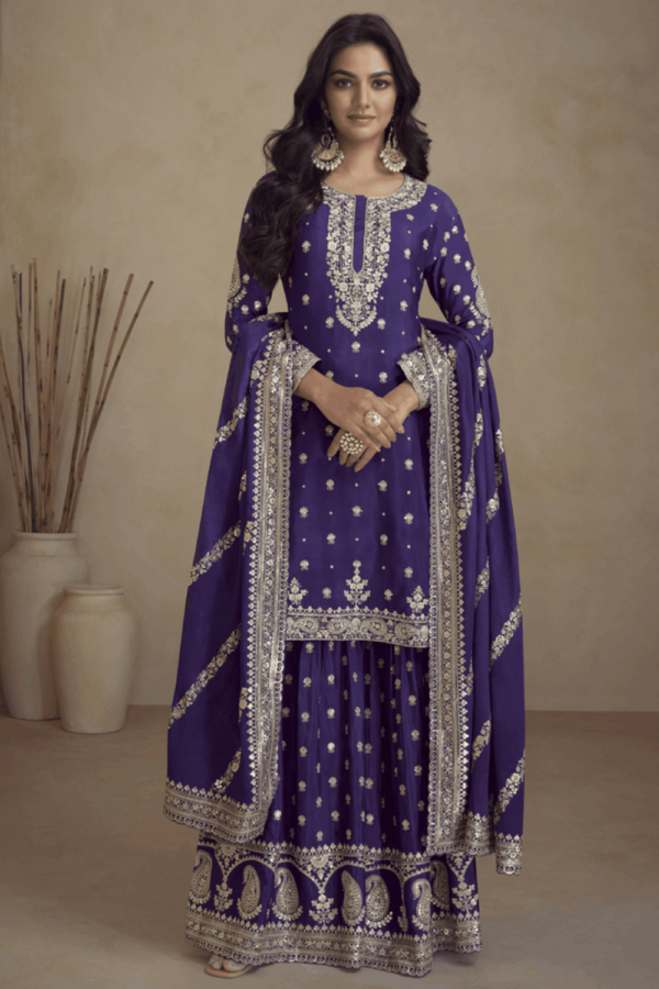 Purple Real Chinon Palazzo Suit with Embroidery_Satika