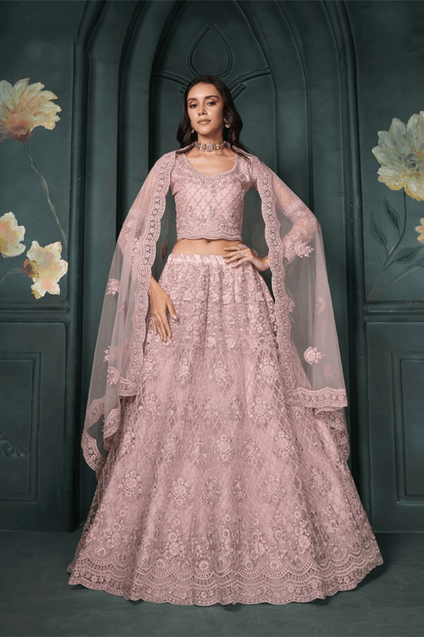 Light Pink Net Embroidered Designer Lehenga Choli With Stone Work