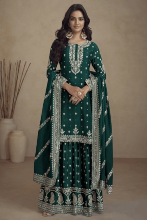 Teal Green Real Chinon Palazzo Suit with Embroidery_Satika