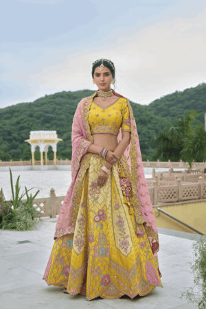 Smoldering Yellow And Pink Silk Trendy Lehenga Choli