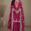 Magenta Real Chinon Palazzo Suit with Embroidery