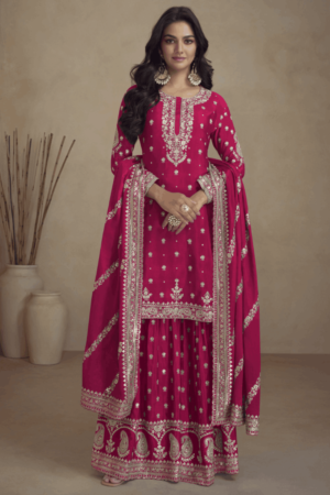 Magenta Real Chinon Palazzo Suit with Embroidery