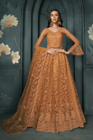 Rust Net Embroidered Designer Lehenga Choli With Stone Work