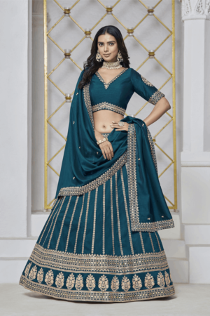 Teal art silk trendy lehenga choli.