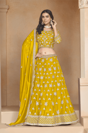 Yellow Art Silk Embroidered Lehenga Choli