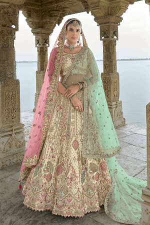 Cream Silk Bridal Trendy Lehenga Choli_Satika India