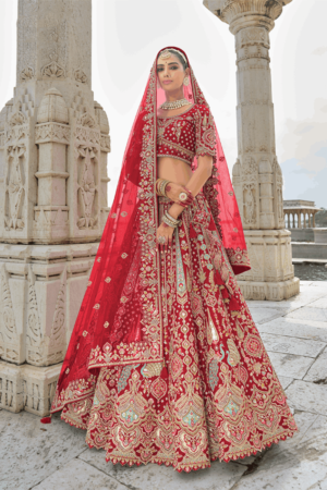 Red Silk Embroidered Bridal Lehenga Choli with Matching Dupatta | New Zealand