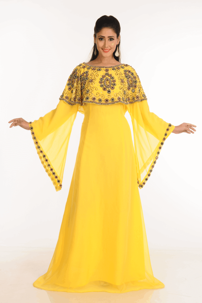 Yellow Georgette Hand Embroidered Galabiya – Elegant Islamic Party Wear Dress for Women