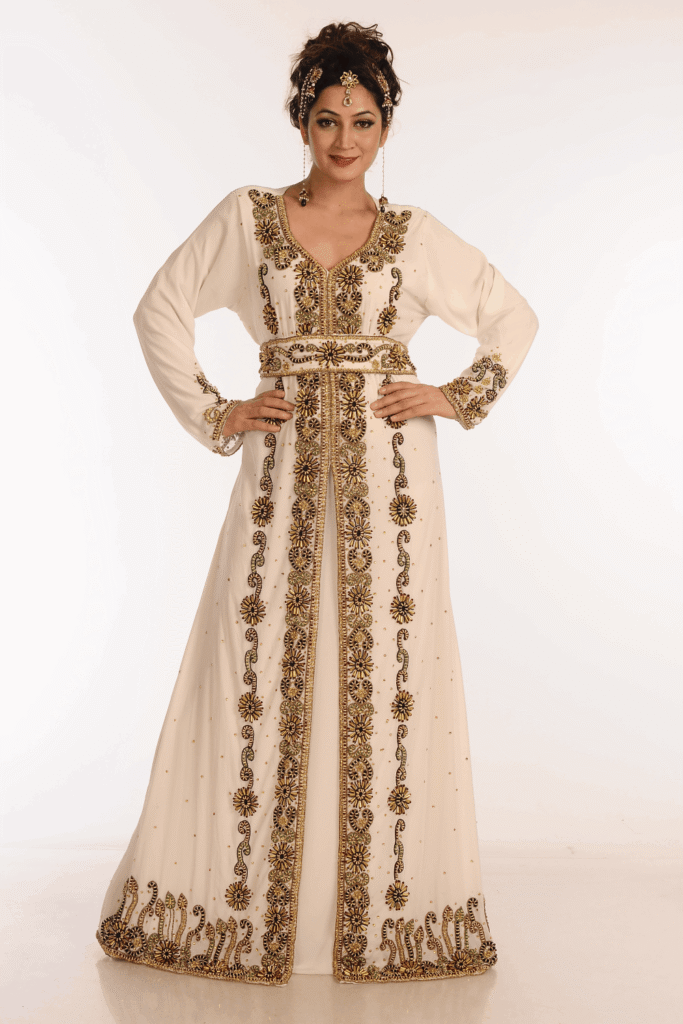 Off White Georgette Hand Embroidery Party Wear Kaftan