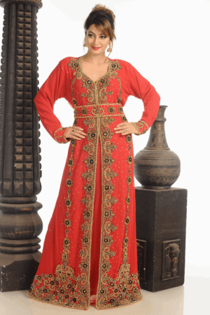Women's Red Farasha Kaftan – Georgette Hand-Embroidered Islamic Gown