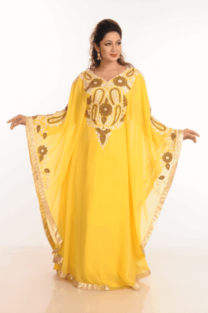 Yellow Hand Embroidered Galabiya – Georgette Islamic Party Wear for Women