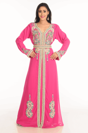 Elegant Pink Georgette Kaftan for Women – Hand Embroidered Islamic Party Dress