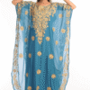 Turquoise Blue Farasha Kaftan – Modest Embroidered Butterfly Abaya Dress | Satika India