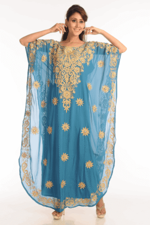 Turquoise Blue Farasha Kaftan – Modest Embroidered Butterfly Abaya Dress | Satika India