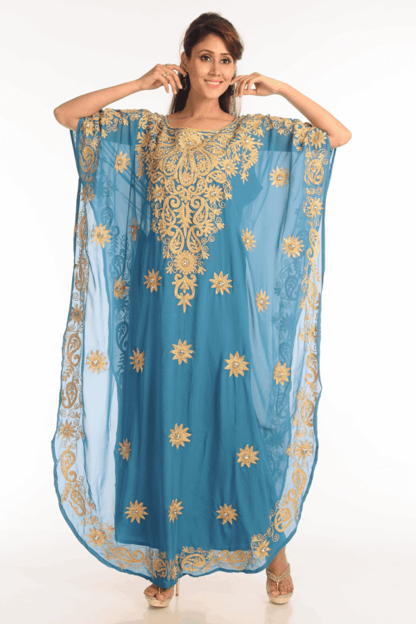 Turquoise Blue Farasha Kaftan – Modest Embroidered Butterfly Abaya Dress | Satika India