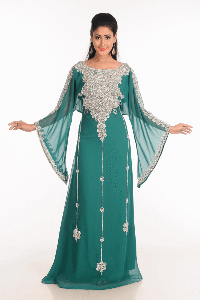 Green Hand Embroidered Kaftan – Georgette Modest Wear for Eid, Weddings & Special Occasions